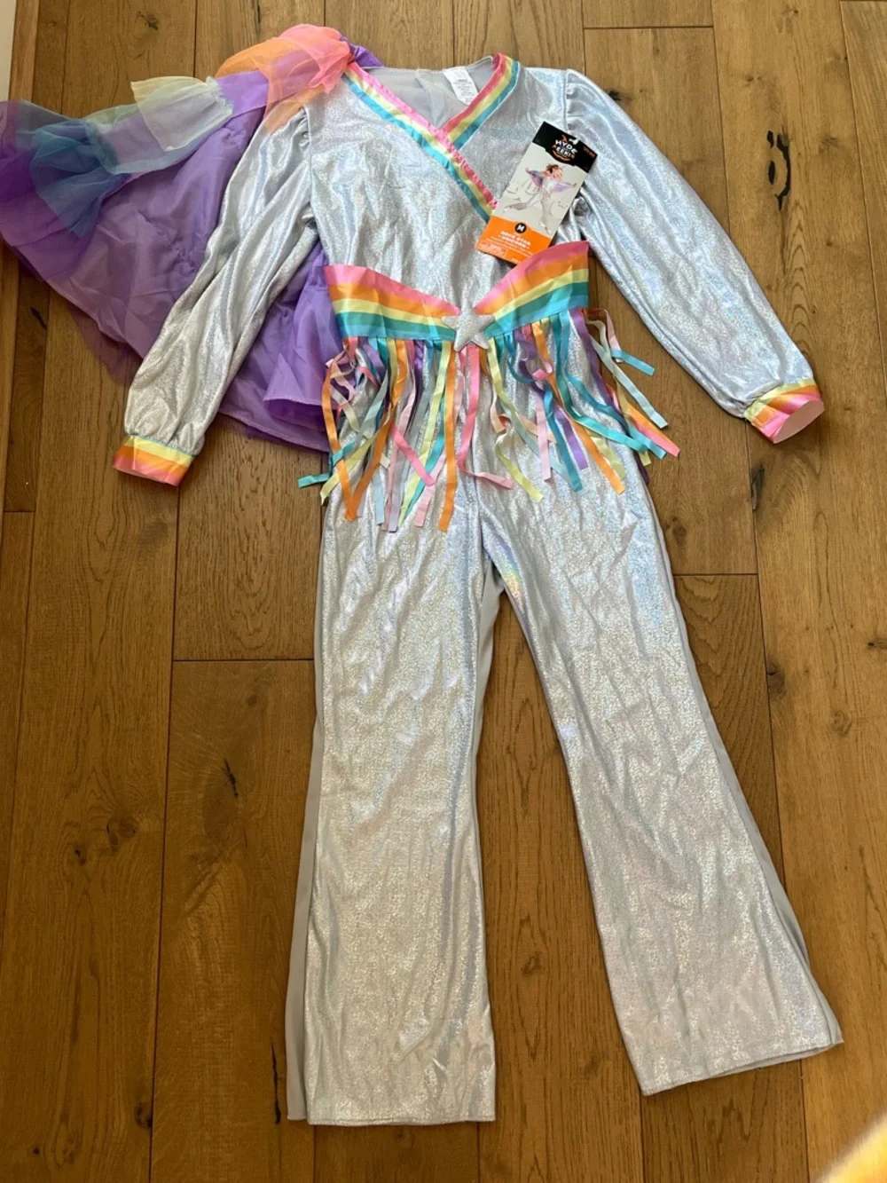 Rainbow Rockstar Unicorn Costume girls Size Medium - Silver 3 pc Jumpsuit Cape